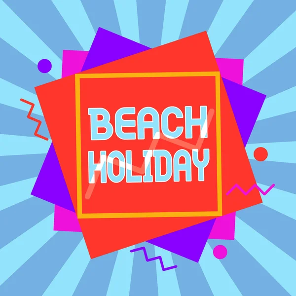 Writing note showing Beach Holiday. Business photo showcasing Vacations in which one basically just sunbathes in the beach Asymmetrical format pattern object outline multicolor design. — ストック写真