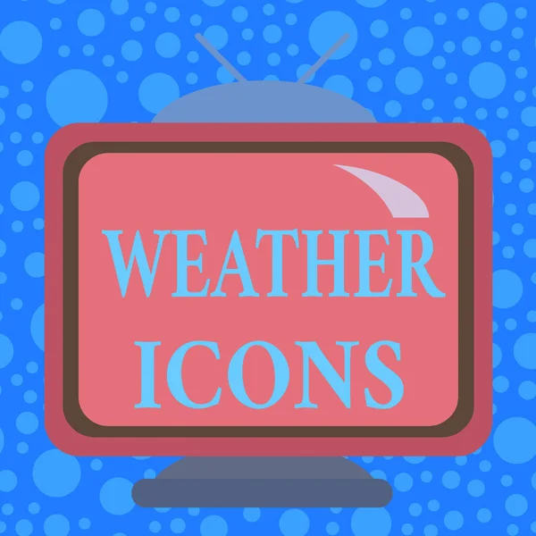Handwriting text Weather Icons. Concept meaning Plotted on a synoptic chart used for weather forecasting Square rectangle old multicoloured painting television picture wood design. — Stock fotografie