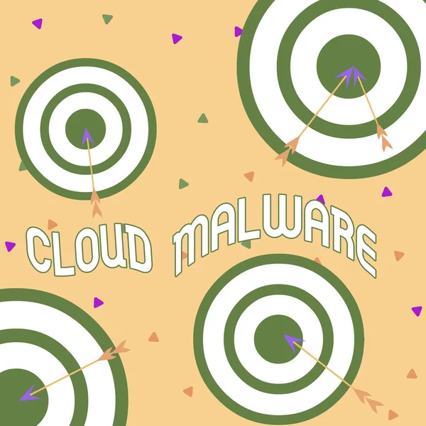 Conceptual hand writing showing Cloud Malware. Business photo showcasing malicious software file or program harmful to a computer Arrow and round target asymmetrical shape multicolour design. — Stok fotoğraf