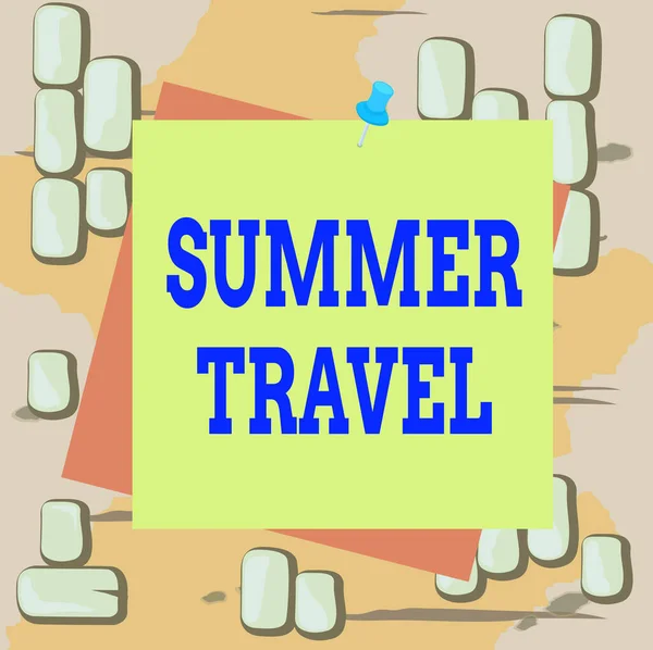 Word writing text Summer Travel. Business concept for specific trip or journey usually for the purpose of recreation Reminder color background thumbtack tack memo attached office pin square. — Stock Fotó