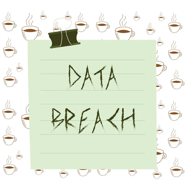 Writing note showing Data Breach. Business photo showcasing incident in which sensitive or confidential data is copied Paper lines binder clip suare notebook color background.