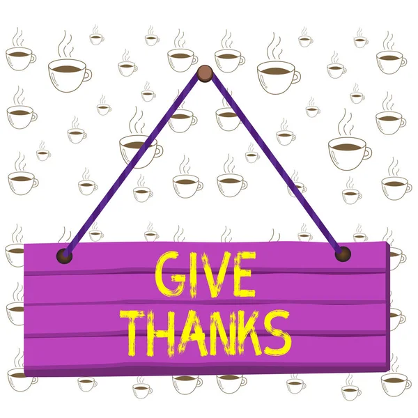 Writing note showing Give Thanks. Business photo showcasing express gratitude or show appreciation Acknowledge the kindness Wood plank nail pin string board colorful background wooden panel fixed. — 스톡 사진
