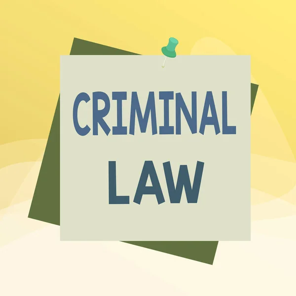 Writing note showing Criminal Law. Business photo showcasing legal system which relates to punishing those commits crime Reminder color background thumbtack tack memo pin square. — Stok fotoğraf