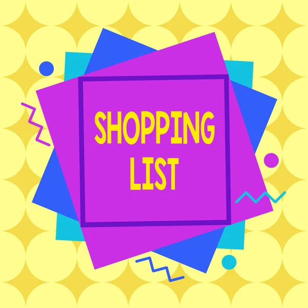 Nota de escritura que muestra la lista de compras. Foto de negocios mostrando una lista de artículos a considerar o compras a realizar Formato asimétrico esquema de objeto diseño multicolor . —  Fotos de Stock