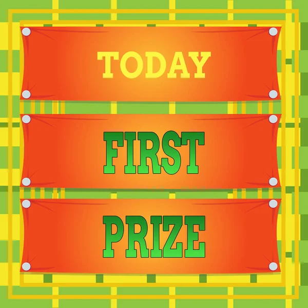 Text sign showing First Prize. Conceptual photo the most desirable or grand prize offered for the overall winner Wooden panel attached nail colorful background rectangle lumber plank wood.