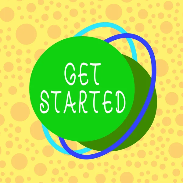 Conceptual hand writing showing Get Started. Business photo showcasing Begin an important period in one s is life or career Begin a task Asymmetrical format pattern object outline multicolor design. — Stok fotoğraf