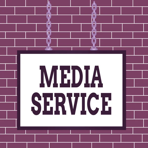 Text sign showing Media Service. Conceptual photo server programs that delivers streaming media over the Web Whiteboard rectangle frame empty space attached surface chain blank panel. — Φωτογραφία Αρχείου
