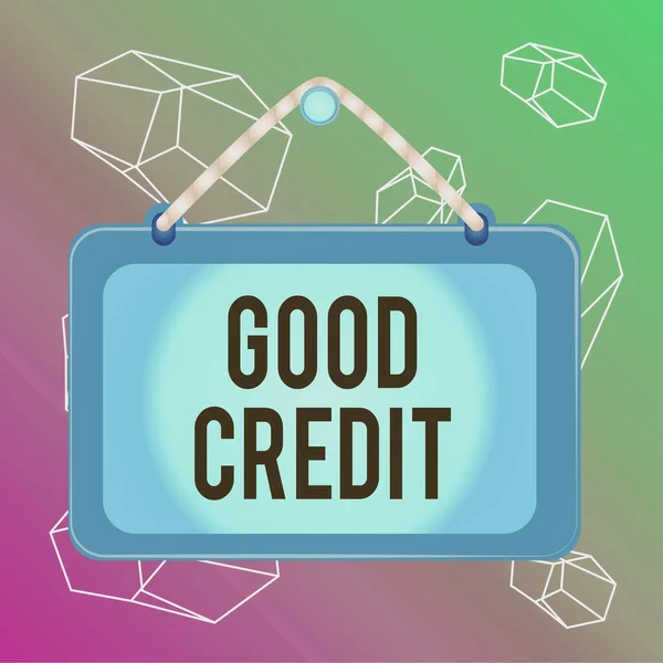 Word writing text Good Credit. Business concept for borrower has a relatively high credit score and safe credit risk Board fixed nail frame string striped colored background rectangle panel.