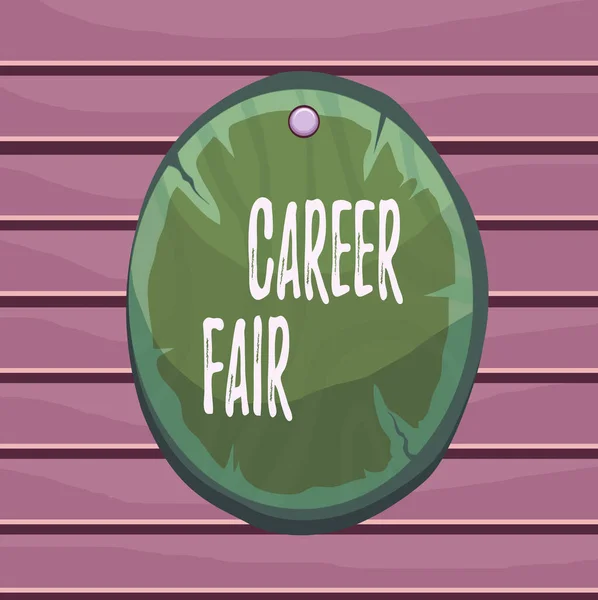 Conceptual hand writing showing Career Fair. Business photo text an event at which job seekers can meet possible employers Oval plank round wooden board circle shaped wood background. — Stockfoto