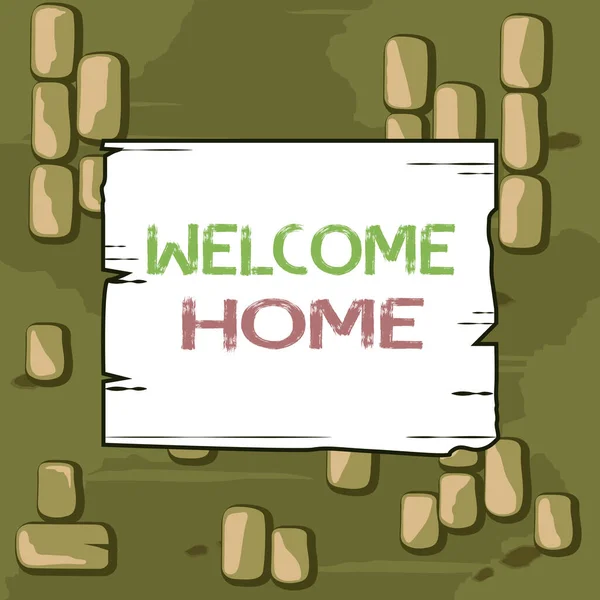 Word writing text Welcome Home. Business concept for a reception usually celebrate the return home of a demonstrating Wooden square plank empty frame slots grooves wood panel colored board lumber. — Stock Photo, Image