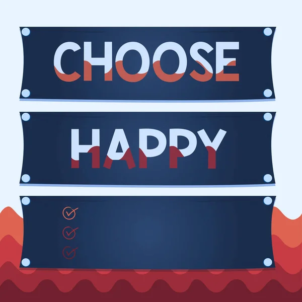 Conceptual hand writing showing Choose Happy. Business photo text ability to create real and lasting happiness for yourself Wooden panel attached nail on colorful background plank wood. — Stock Fotó