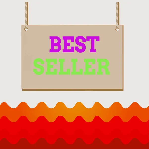 Conceptual hand writing showing Best Seller. Business photo text new book or other product that has sold a great number of copies Wooden board wood empty frame fixed colorful striped string. — ストック写真