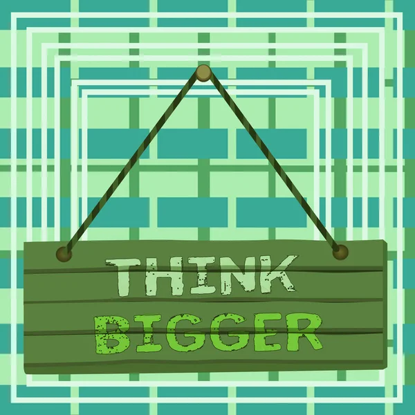 Text sign showing Think Bigger. Conceptual photo being able to dream and visualise what you can achieve Wood plank nail pin string board colorful background wooden panel fixed. — ストック写真