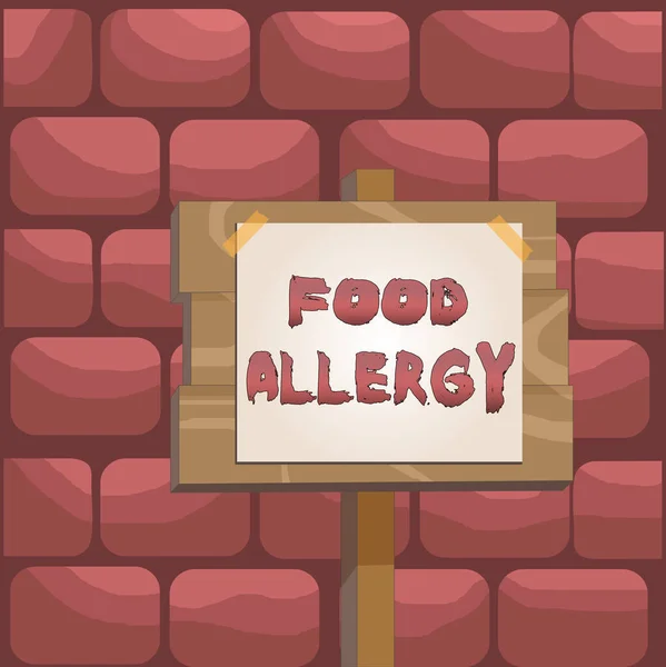Handwriting text Food Allergy. Concept meaning an abnormal immune response after eating a certain food Wood plank wooden stick pole paper note attached adhesive tape empty space. — Φωτογραφία Αρχείου