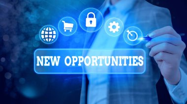 Kelime yazma metni Yeni Fırsatlar. Değişim görüşleri için iş kavramı hedefe ulaşmak için elverişli koşuldur.