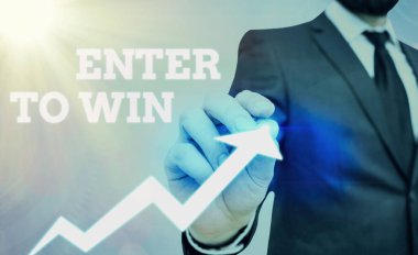 Enter To Win'i gösteren not yazma. Ödül kazanma ödülü için bir değer alışverişi gösteren iş fotoğrafı.