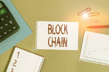Word writing text Block Chain. Business concept for system in which a record of transactions made in bitcoin Striped paperboard notebook cardboard office study supplies chart paper.