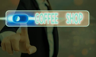 Kelime yazma Kahve Dükkanı. Kahve ve hafif içecekler sunan küçük gayri resmi restoranlar için iş konsepti.