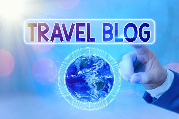 Writing note showing Travel Blog. Business photo showcasing Sharing thoughts and experiences of the places around the world Elements of this image furnished by NASA. — Stock Fotó