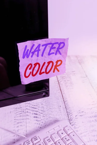 Conceptual hand writing showing Water Color. Business photo showcasing watersoluble binder such as gum arabic and thinned with water Notation paper computer monitor screen near white keyboard. — 图库照片