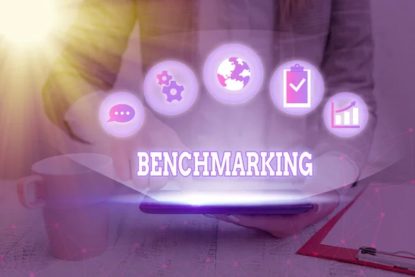 Writing note showing Benchmarking. Business photo showcasing evaluate something by comparison with standard or scores.