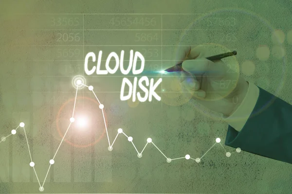 Sinal de texto mostrando Cloud Disk. Serviço de base web de fotos conceitual que fornece espaço de armazenamento em um servidor remoto . — Fotografia de Stock