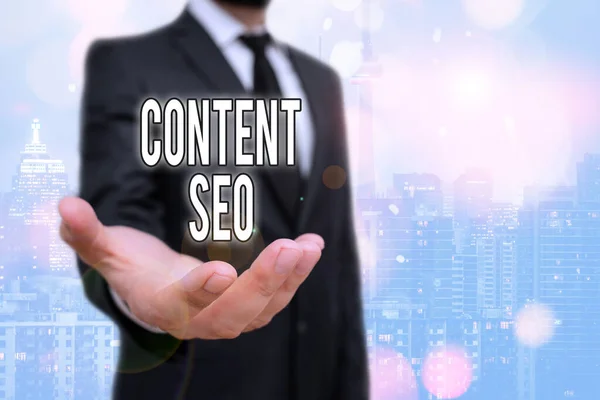 Conceptueel handschrift met Content Seo. Zakelijke foto tekst maken van webpagina-inhoud hoog in de zoekmachines te rangschikken. — Stockfoto