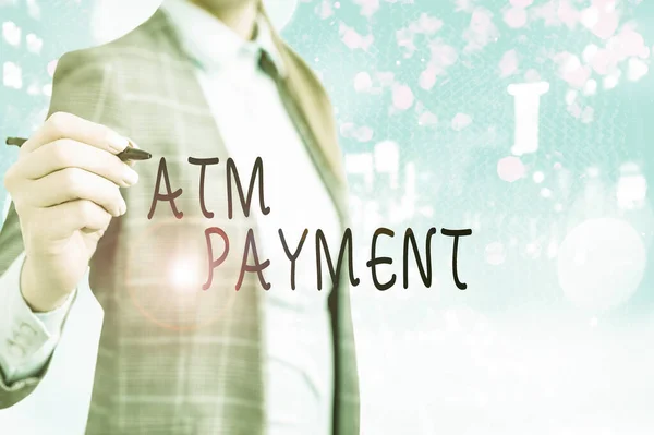 Konceptuell handstil som visar Atm Payment. Företagsfoto visa upp Kontantlös Betalning görs via bärbara elektroniska enheter. — Stockfoto