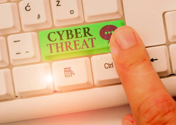 Escrita de mão conceitual mostrando Cyber Threat. Apresentação de fotos de negócios tem um potencial para causar sérios danos a um sistema de computador . — Fotografia de Stock