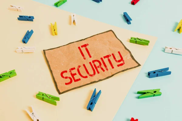 Handwriting text writing It Security. Concept meaning protection of data or digital asset against unauthorized access Colored clothespin paper empty reminder yellow blue floor background office.