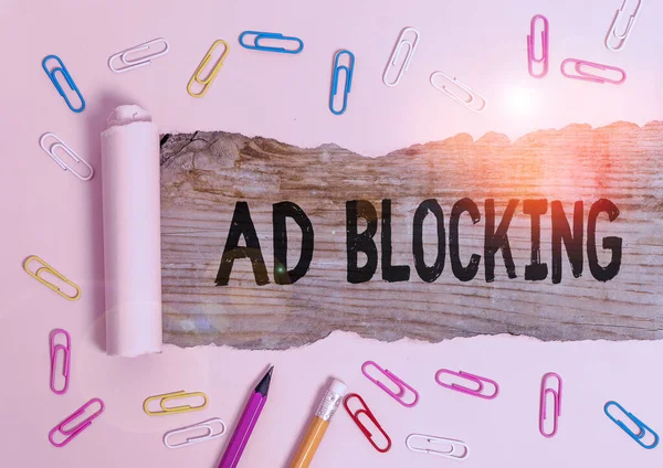 Writing note showing Ad Blocking. Business photo showcasing program that will remove different kinds of advertising from web.