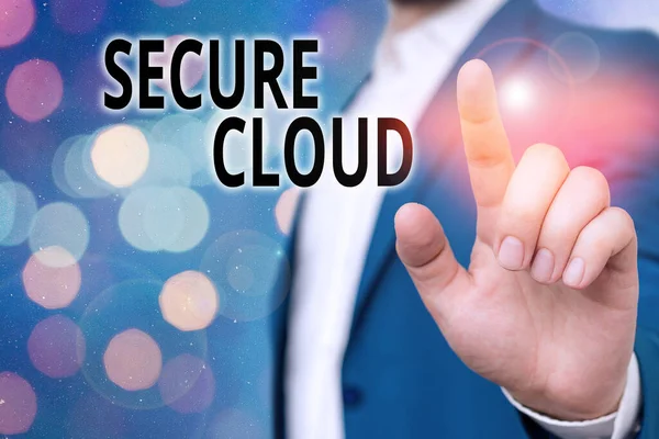 Υπογραφή κειμένου που δείχνει το Ασφαλές Σύννεφο. Εννοιολογική φωτογραφία Προστατέψτε την αποθηκευμένη ασφαλή ελεγχόμενη τεχνολογία πληροφοριών. — Φωτογραφία Αρχείου