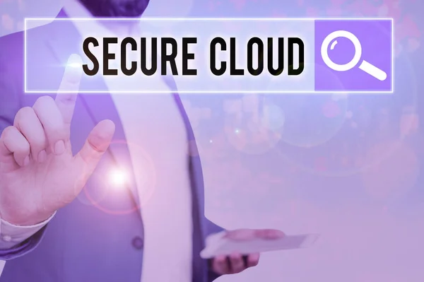 Κείμενο εγγραφής κειμένου Secure Cloud. Επιχειρηματική έννοια για την προστασία των αποθηκευμένων πληροφοριών ασφαλή ελεγχόμενη τεχνολογία. — Φωτογραφία Αρχείου