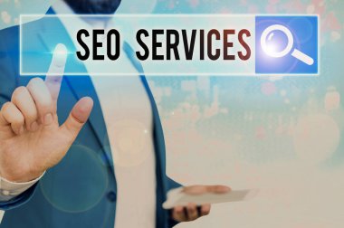 Kelime yazma Seo Servisi. Web sitesinin görünürlüğünü artırmak için teknik ve prosedürler süiti için iş konsepti.