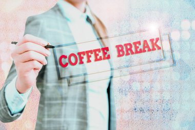 Conceptual hand writing showing Coffee Break. Business photo showcasing short time when you stop working to have a cup of coffee.