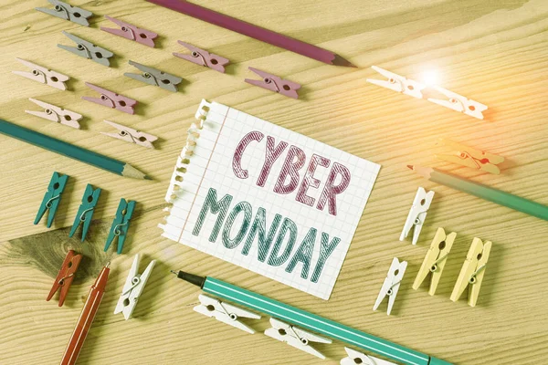 Writing note showing Cyber Monday. Business photo showcasing Monday after the Thanksgiving holiday Online shopping day Colored clothespin papers empty reminder wooden floor background office. — Φωτογραφία Αρχείου