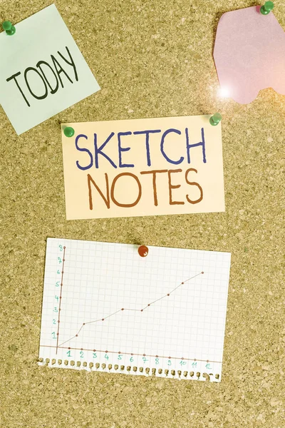 스케치 노트를 보여 주는 개념적 손 글씨. 비즈니스 사진 텍스트 시청각 노트의 조합 메모지와 낙서 코르 보드 크기 종이 툼 밥 시트 광고판. — 스톡 사진