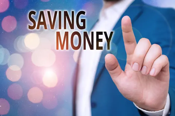 Textová značka ukazující úsporu peněz. Konceptuální fotografie vkládání peněz na účet ve finanční organizaci banky. — Stock fotografie