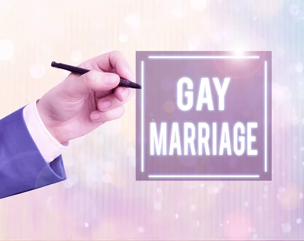 Escritura manual conceptual que muestra el Matrimonio Gay. Texto de foto de negocios en una ceremonia civil o religiosa del mismo sexo . —  Fotos de Stock