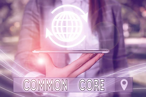 Conceptual hand writing showing Common Core. Business photo text set of academic standards in mathematics and English language.