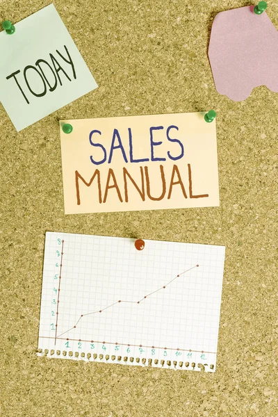 Conceptual hand writing showing Sales Manual. Business photo text set of printed materials containing product descriptions Corkboard size paper thumbtack sheet billboard notice board.
