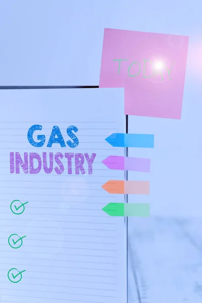 Writing note showing Gas Industry. Business photo showcasing global processes exploration and selling of petroleum products Hard cover note book sticky note arrow banner inserted clear background. — 스톡 사진