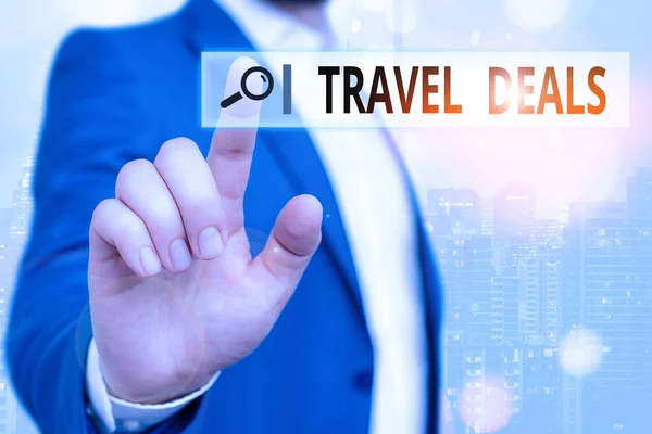 Sinal de texto mostrando Ofertas de Viagem. férias foto conceitual organizado por uma empresa de viagens e pagar preço fixo . — Fotografia de Stock