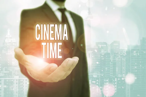 Konzeptionelle Handschrift, die Cinema Time zeigt. Business-Fototext, welcher Unterhaltungsfilm starten soll. — Stockfoto