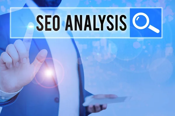 Ordskrivning text Seo Analys. Affärsidé för verktyg hjälper till att visa hur man kan förbättra en webbplats ranking. — Stockfoto