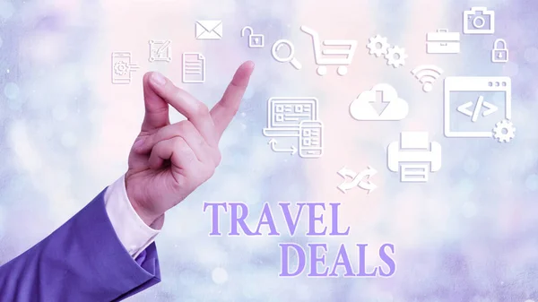 Signo de texto que muestra ofertas de viaje. Vacaciones de fotos conceptuales organizadas por una empresa de viajes y pagar un precio fijo . —  Fotos de Stock