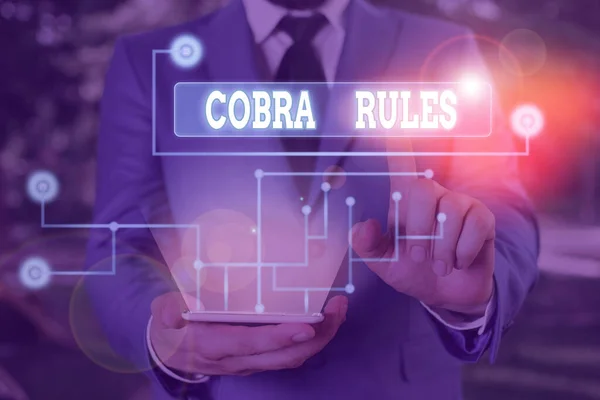 Signo de texto que muestra las reglas de Cobra. Foto conceptual grupo continuo cobertura de seguro de salud después de una pérdida de trabajo . — Foto de Stock