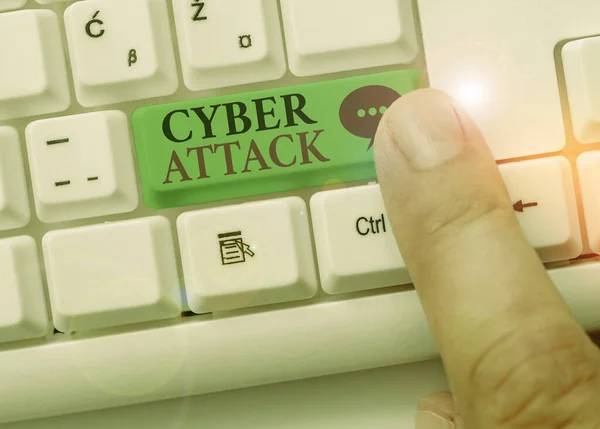Escritura manual conceptual que muestra Cyber Attack. Foto de negocios mostrando intento de los hackers para dañar o destruir una red informática . —  Fotos de Stock