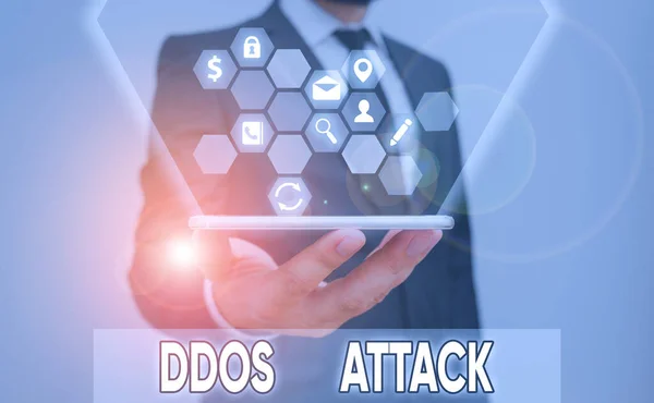 Conceptual hand writing showing Ddos Attack. Business photo showcasing perpetrator seeks to make a network resource unavailable to user. — Stock Photo, Image