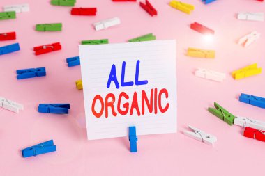 Sözcük yazma metni tamamen organik. Sentetik böcek ilacıyla tedavi edilmemiş gıdalar için iş konsepti Renkli çamaşır iğnesi kağıtları boş hatırlatıcı pembe zemin ofis broşu.